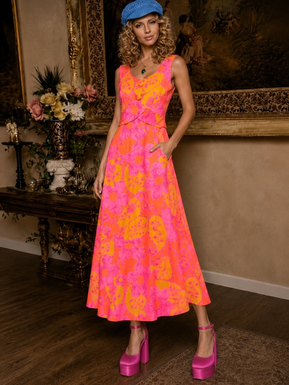 Vibrant Pink & Orange Floral Midi Dress